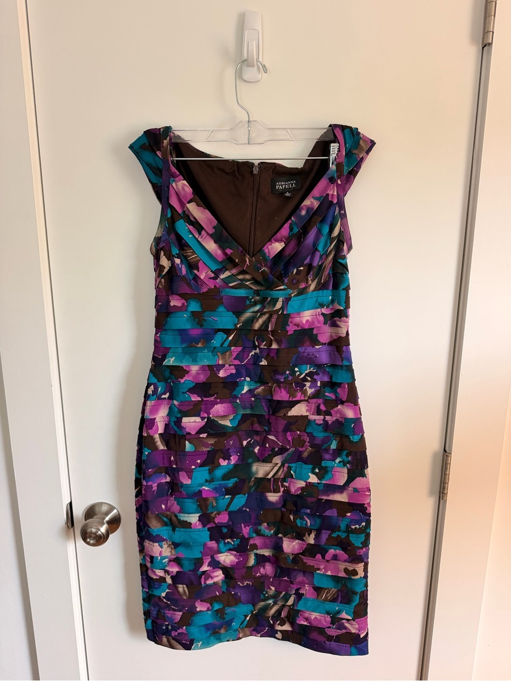 Adrianna Papell Teal Purple Floral Midi Sheath Dress